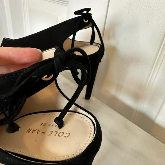 Cole Haan Emmett Bootie Black Suede Tie Ankle Open Toe Heel Size 9.5 B - Picture 6 of 11